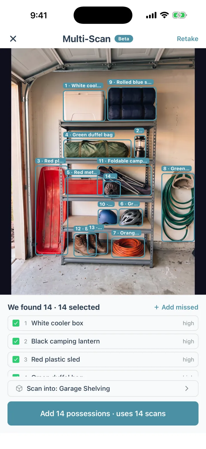 Cratify Multi-Scan on a garage shelf: fourteen possessions outlined and named, including a cooler, a camping lantern and a sled