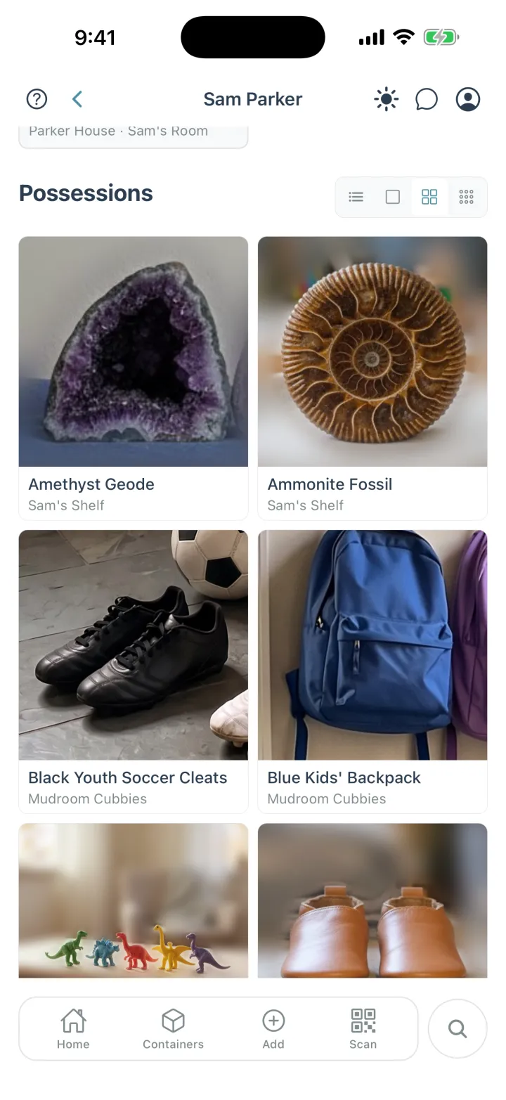 Sam Parker's page in Cratify: a photo grid of Sam's possessions