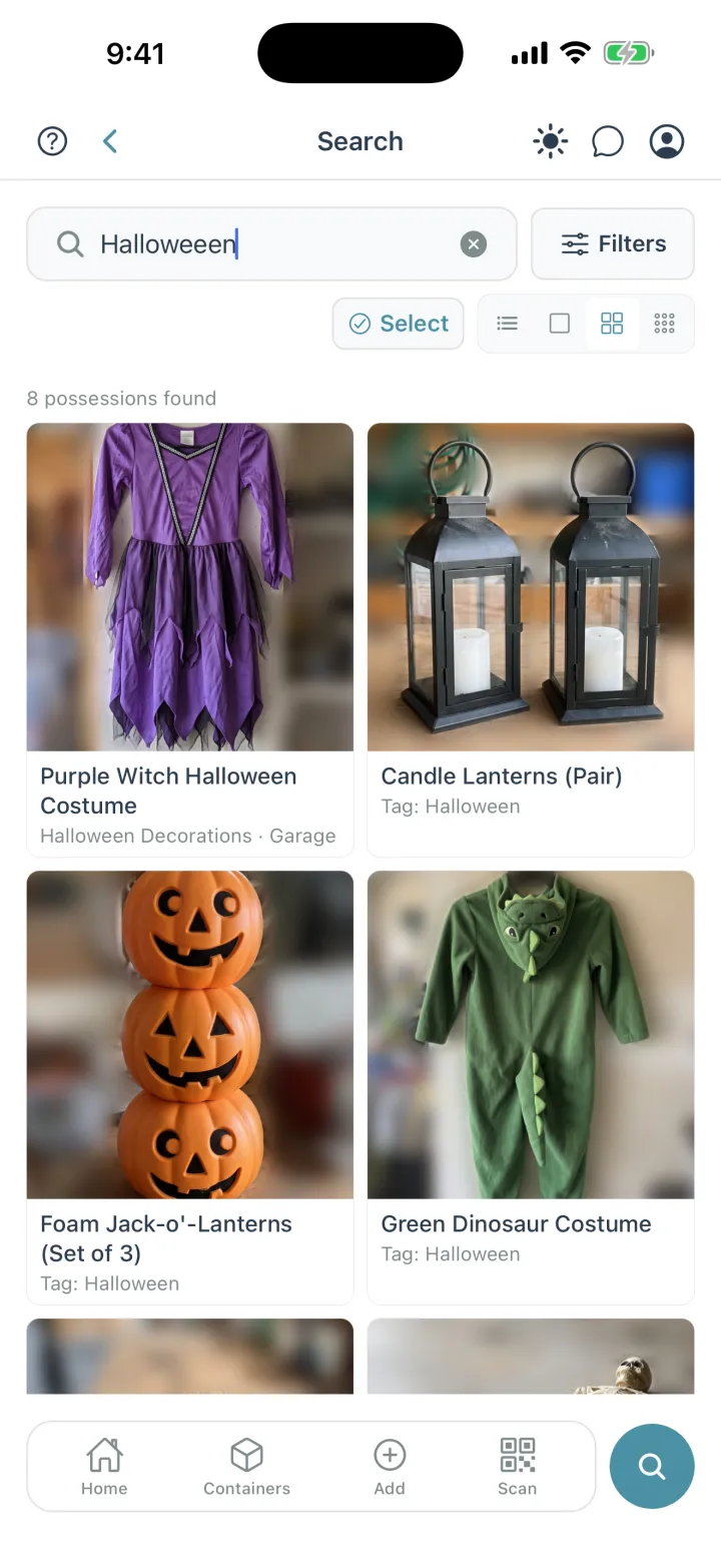 Cratify search for "Halloweeen", misspelled, returning 8 possessions in a photo grid, including a purple witch costume and candle lanterns
