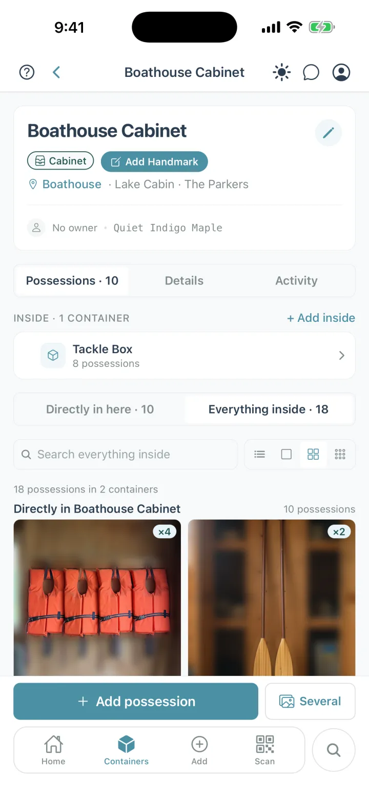 A Boathouse Cabinet container in Cratify holding a Tackle Box container, showing 18 possessions in 2 containers